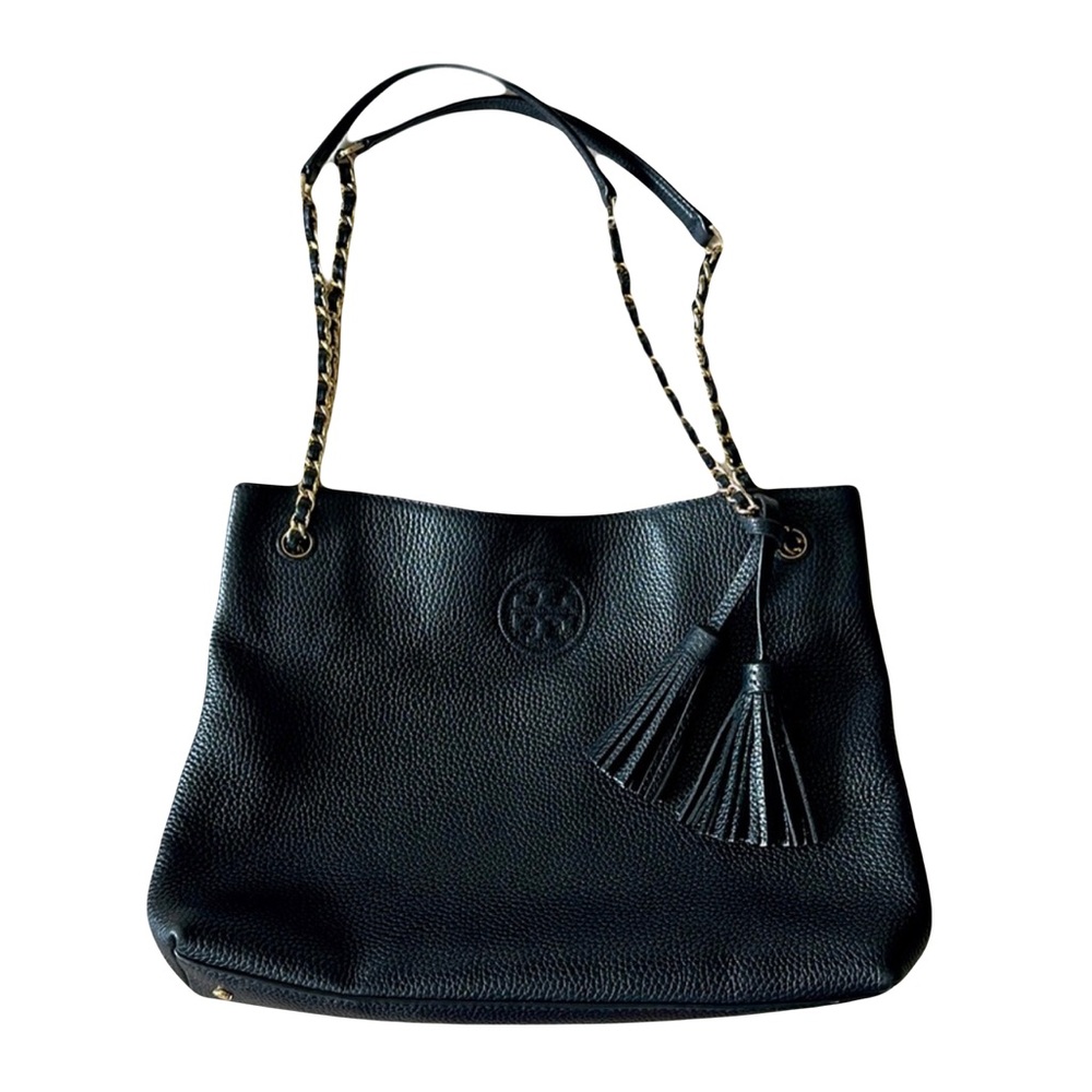 Tory Burch Sliding Chain Link Black Leather Tote - Picture 2 of 7